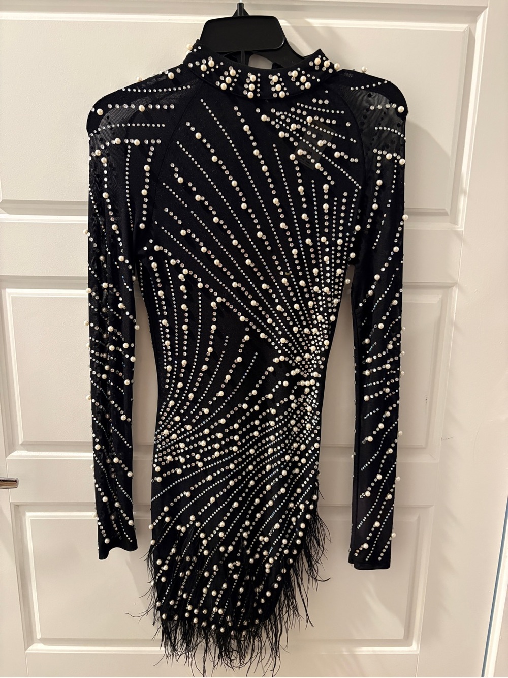 Black Long-Sleeve Embellished Mini Dress with Feather Hem